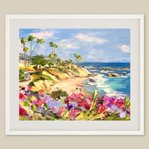 Laguna Beach Seascape Art Print: California Coast Flowers Oil Painting