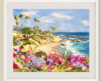 Laguna Beach Painting Seascape Art Print California Coast Wall Art Flowers Oil Painting Tropical Beach Poster Nautical Artwork