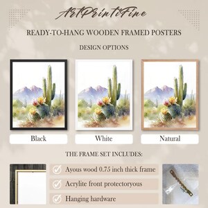 May include: Ready-to-hang wooden framed posters with a watercolor painting of cacti and mountains. Available in black, white, and natural wood frames. The frame set includes an ayous wood frame, an acrylite front, and hanging hardware.