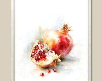 Pomegranate Watercolor Painting: Minimalist Kitchen Still Life Art Print
