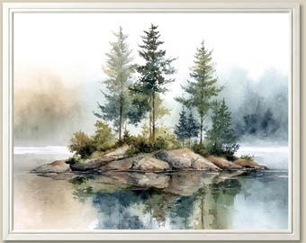 Misty Lake Pine Tree Art Print: Minnesota Landscape Watercolor