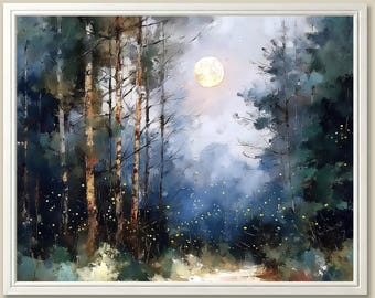 May include: Oil painting of a moonlit forest scene. The artwork features tall trees in shades of green and brown, with a bright full moon in a hazy sky. Yellow lights dot the forest floor, and the painting is framed in white.