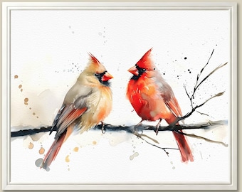 Red Cardinal Couple Watercolor Art Print: Minimalist Bird Nursery Decor