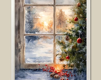 Impresión artística de acuarela de ventana navideña: Pino nevado, atardecer a la luz de las velas