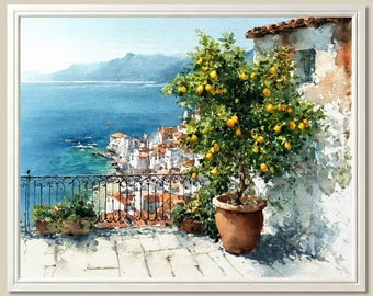 Positano Lemon Tree Watercolor Print Amalfi Coast Seascape Wall Art Mediterranean Decor