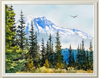 Mount Rainier Watercolor Print Washington National Park Landscape Wall Art Pine Forest Nature Decor