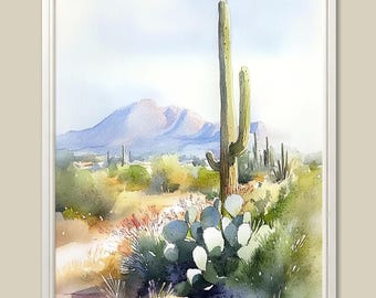 Puede incluir: Pintura a la acuarela de un paisaje desértico en un marco blanco. La obra representa un alto cactus saguaro, un cactus de nopal y montañas distantes bajo un cielo azul claro. La paleta de colores incluye verdes, azules y marrones.