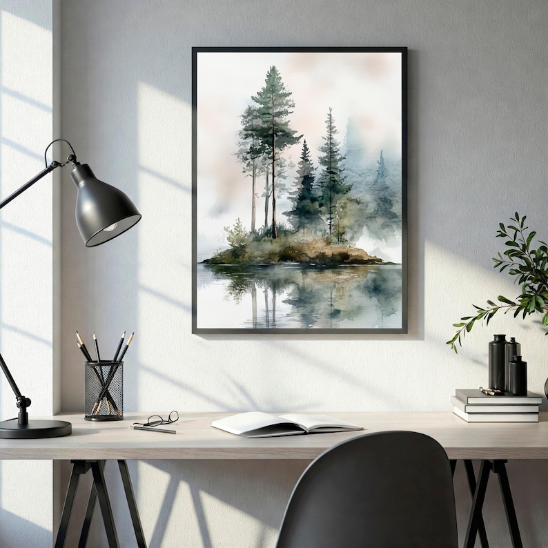 Misty Forest Lake Art Print: Watercolor Pine Tree Landscape image 4