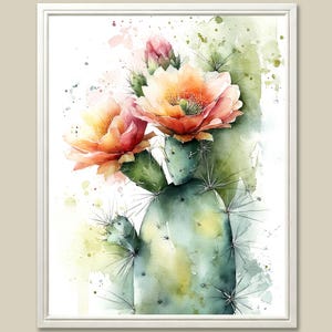 Cactus Painting Abstract Watercolor Art Print Southwest Desert Landscape Minimalist Wall Art Prickly Pear Bloom Poster Boho Wall Decor