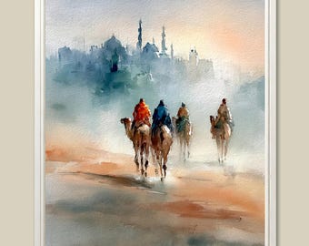 Camel Caravan Art Print Arabian Desert Landscape Watercolor Painting Middle Eastern Wall Art