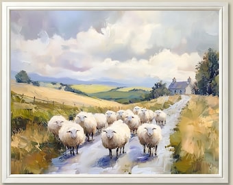 May include: A painting of a flock of white sheep walking down a dirt road in a rural landscape. The sheep are walking towards a small white house in the distance. The sky is cloudy and blue, and the grass is green.