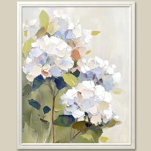 Hydrangea Oil Painting White Blue Flowers Art Print Minimalist Botanical Wall Art Floral Poster Modern Nature Home Decor