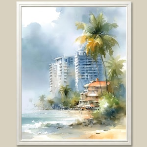 Miami Beach Watercolor Art Print: Florida Palm Trees Seascape