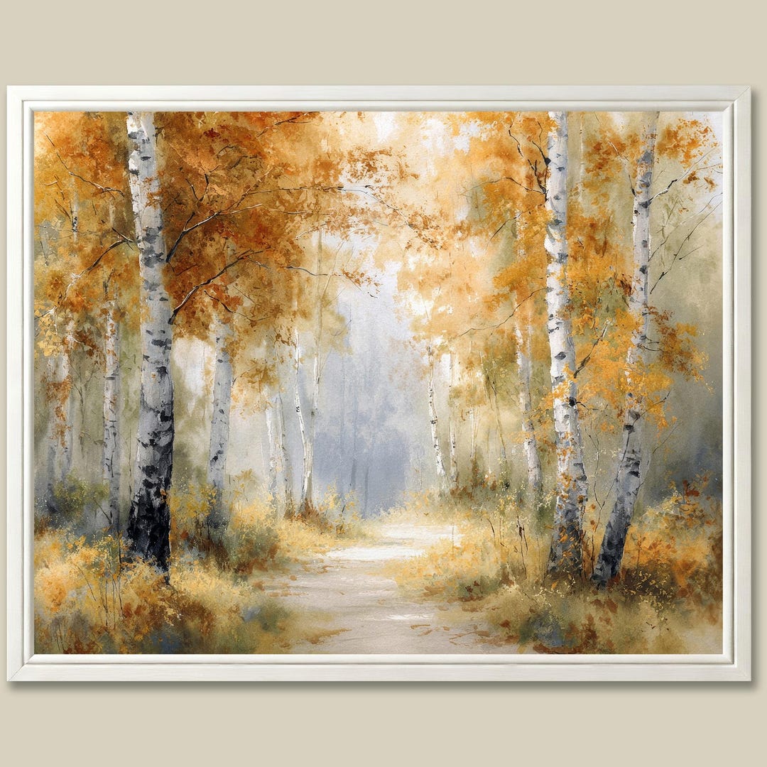 Birch Grove Art Print Watercolor Painting Forest Path Autumn Landscape ...