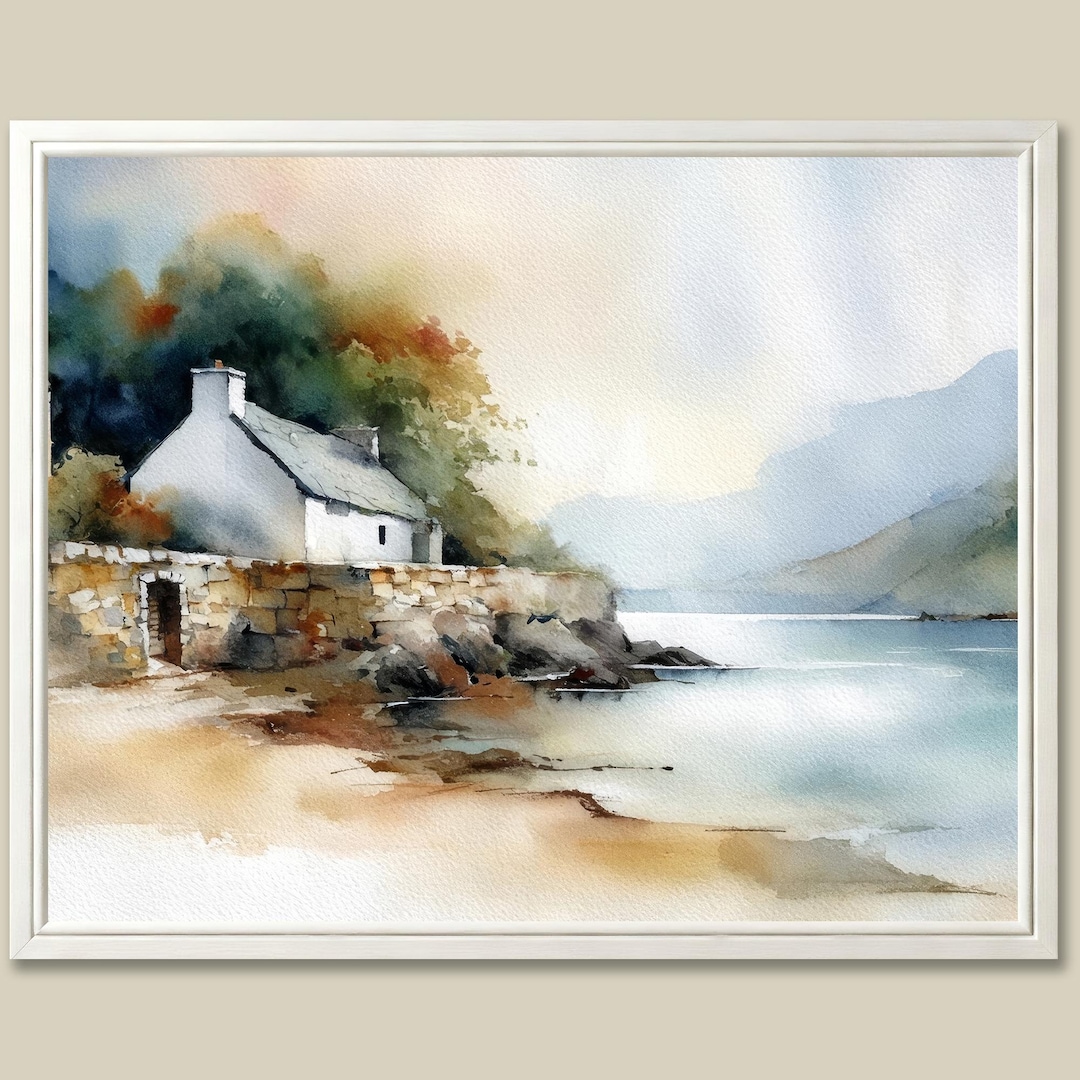 Scottish Coastal Cottage Watercolor Art Print, Seaside Landscape - Etsy