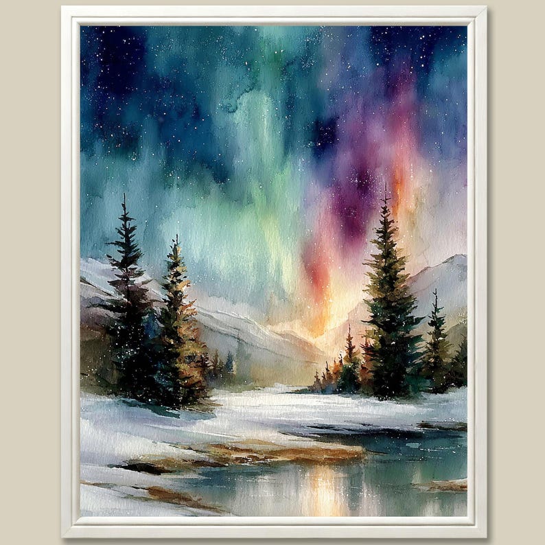 Puede incluir: Pintura a la acuarela de un paisaje invernal con una vibrante aurora boreal. La obra presenta un primer plano nevado, &aacute;rboles de hoja perenne y monta&ntilde;as bajo un cielo colorido con tonos de azul, verde, morado y naranja.