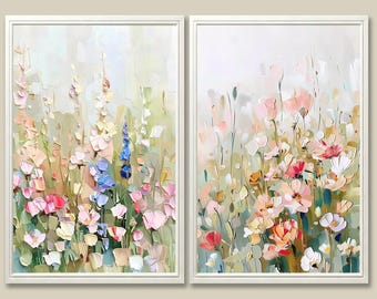 Wildflower Meadow Oil Painting Print Set of 2 Summer Floral Wall Art Cottagecore Decor
