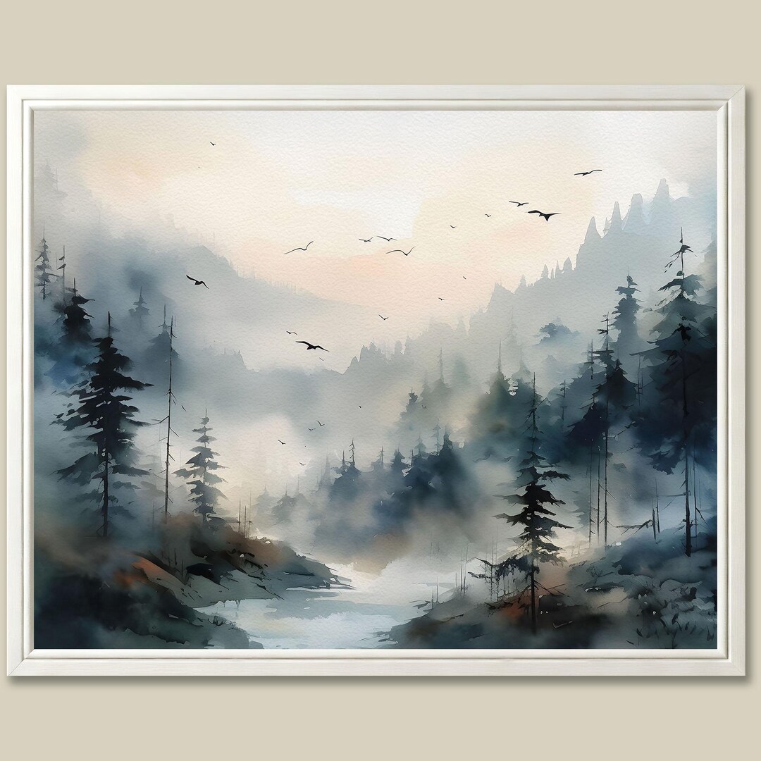 Foggy Forest Watercolor Art Print: Misty Oregon Pine Tree Landscape - Etsy
