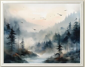 Foggy Forest Watercolor Art Print: Misty Oregon Pine Tree Landscape