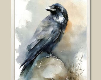 Gothic Raven Watercolor Art Print: Mystical Crow Wall Decor