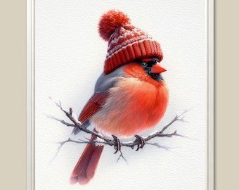 Red Cardinal Watercolor Art Print: Winter Bird Christmas Wall Decor
