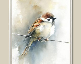 May include: Watercolor painting of a sparrow perched on a wire. The bird has brown, white, and tan feathers, with a black beak and eye. The background is a soft blend of neutral colors, framed in a white border.