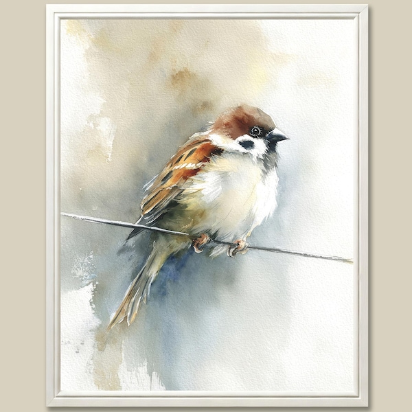 House Sparrow Art Print Perched Songbird Watercolor Painting Minimalist Wall Art Neutral Nature Decor