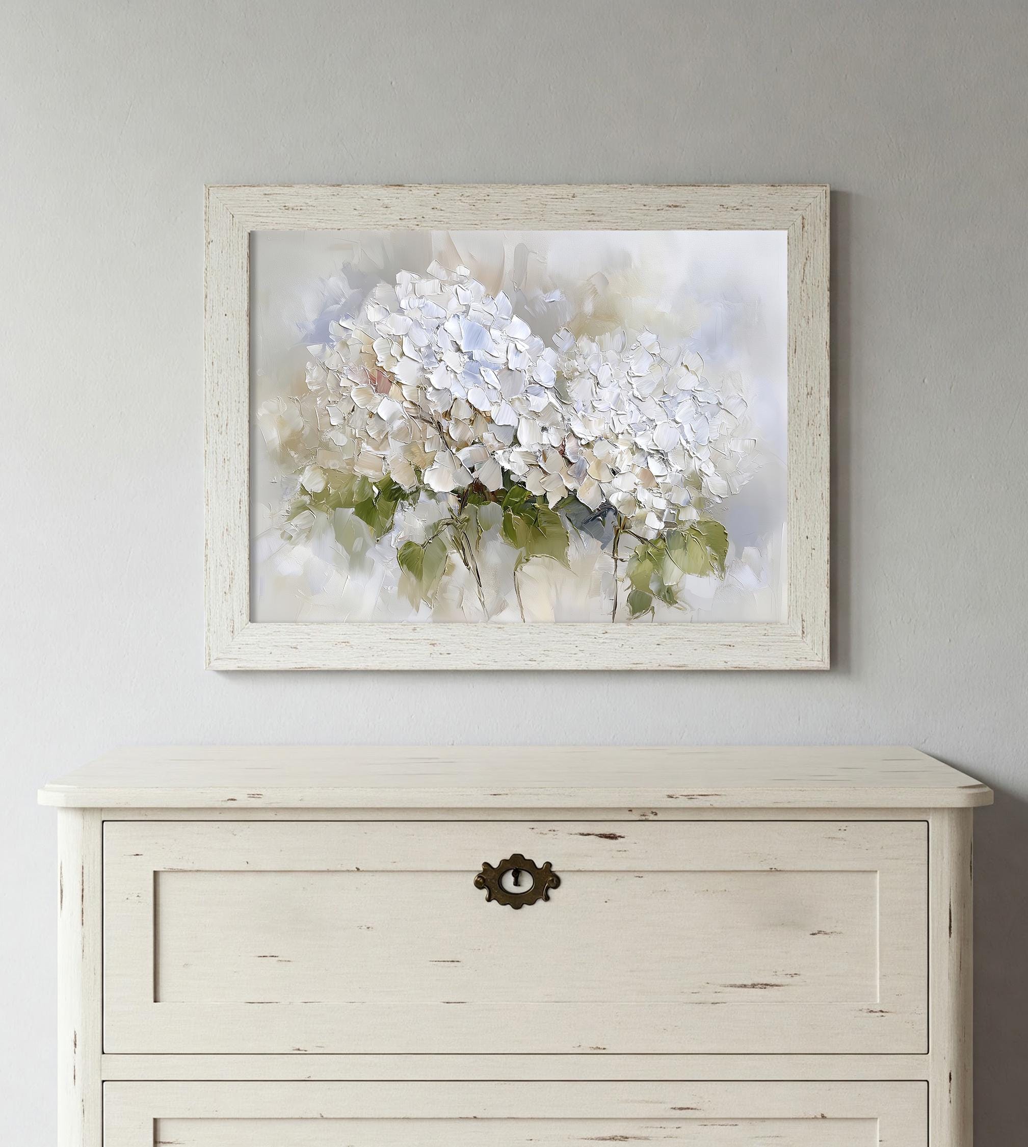 Hydrangea Oil Painting Print: Beige Blue Floral Botanical Wall Art - Etsy