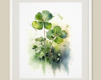 Four Leaf Clover Watercolor Art Print: Irish Shamrock Painting