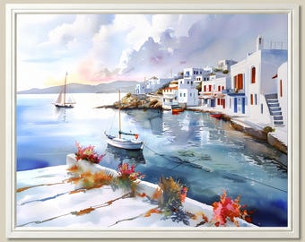 Mykonos Sailboat Watercolor Print Greek Island Harbor Seascape Wall Art Mediterranean Coastal Decor