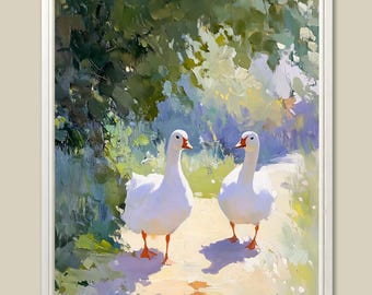 White Geese Painting: Farmhouse Countryside Art Print