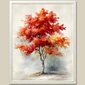 May include: A framed watercolor painting of a tree with vibrant red and orange leaves. The tree trunk is a light gray color, and the background is a soft, misty gray. The artwork is set in a white frame.