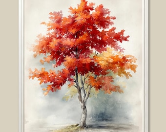 Red Maple Tree Art Print Autumn Foliage Watercolor Painting Minimalist Botanical Wall Decor