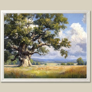 May include: A framed landscape painting shows a large oak tree with extensive branches and green leaves. The tree is in a field of golden grass under a blue sky with white clouds. The artwork creates a sense of peace and serenity.