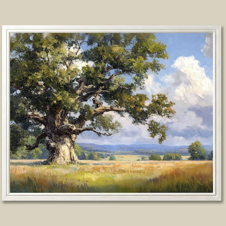 May include: A framed landscape painting shows a large oak tree with extensive branches and green leaves. The tree is in a field of golden grass under a blue sky with white clouds. The artwork creates a sense of peace and serenity.