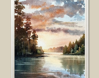 Sunset Lake Watercolor Print: Michigan Landscape Art, Forest Home Decor