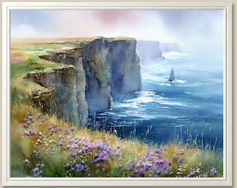 May include: A framed watercolor painting of coastal cliffs overlooking the ocean. The cliffs are a mix of gray and brown, with green grass and purple wildflowers in the foreground. The ocean is a deep blue, and the sky is overcast.