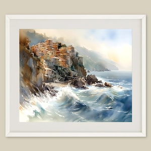 Manarola Watercolor Art Print: Cinque Terre, Italy Coastline