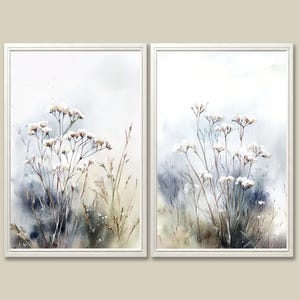 Wildflower Watercolor Art Print Set of 2 Abstract Meadow Painting Minimalist Botanical Wall Art Muted Tones Neutral Floral Poster