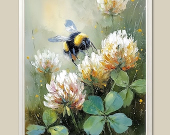 May include: A framed oil painting depicts a bumblebee hovering near white and yellow clover blossoms. The artwork features green leaves and a soft, impressionistic style, with a white frame.