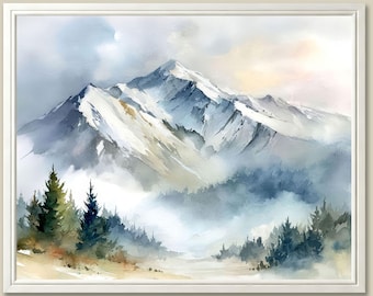 Snowy Mountain Watercolor Print, Misty Pine Forest Winter Wall Art