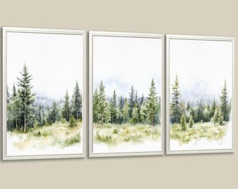 Pine Forest Watercolor Art Prints: Neutral Woodland Landscape Set