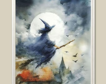 Witch Flying on Full Moon: Gothic Halloween Watercolor Art Print