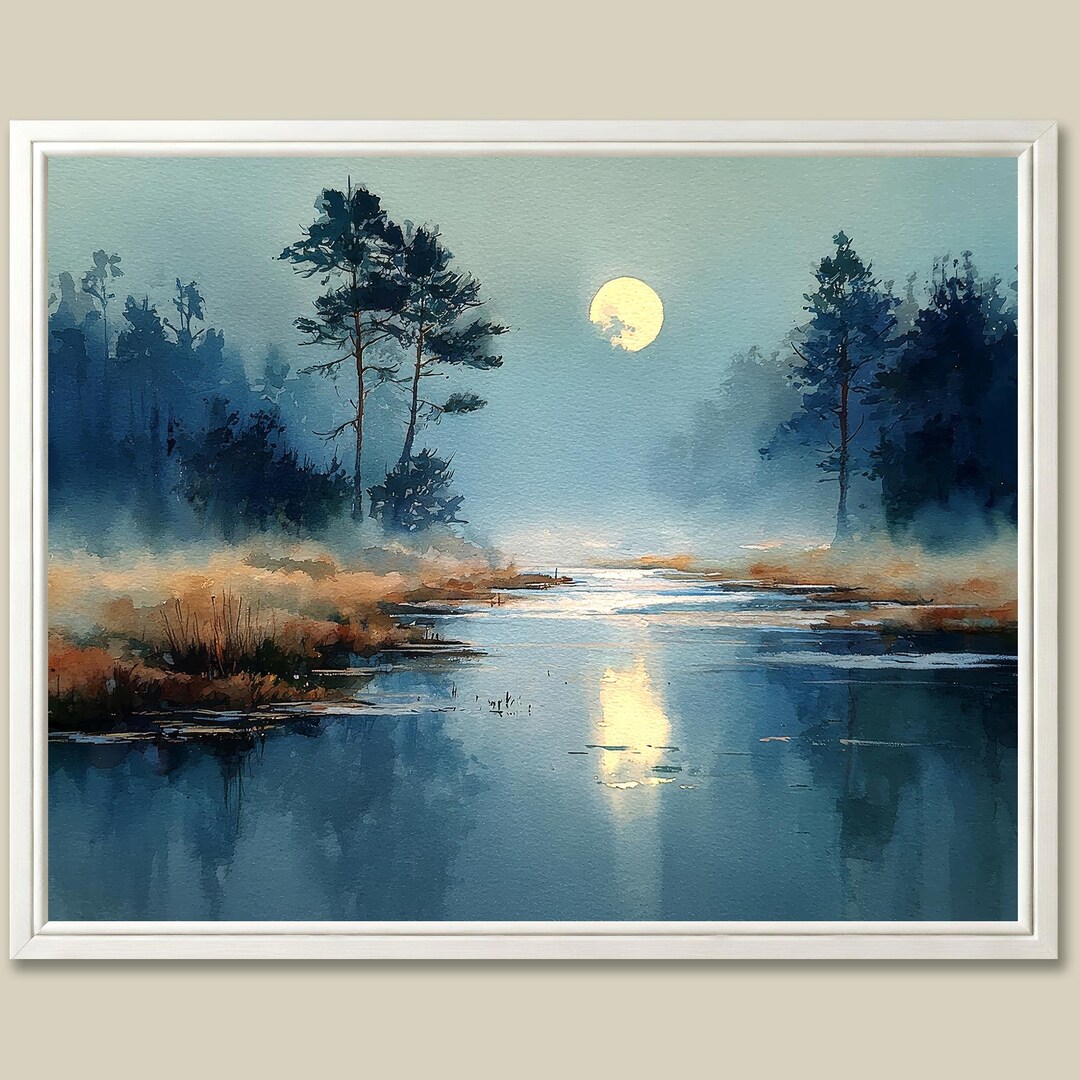 Moonlight River Watercolor Art Print Misty Pine Forest Landscape Wall ...