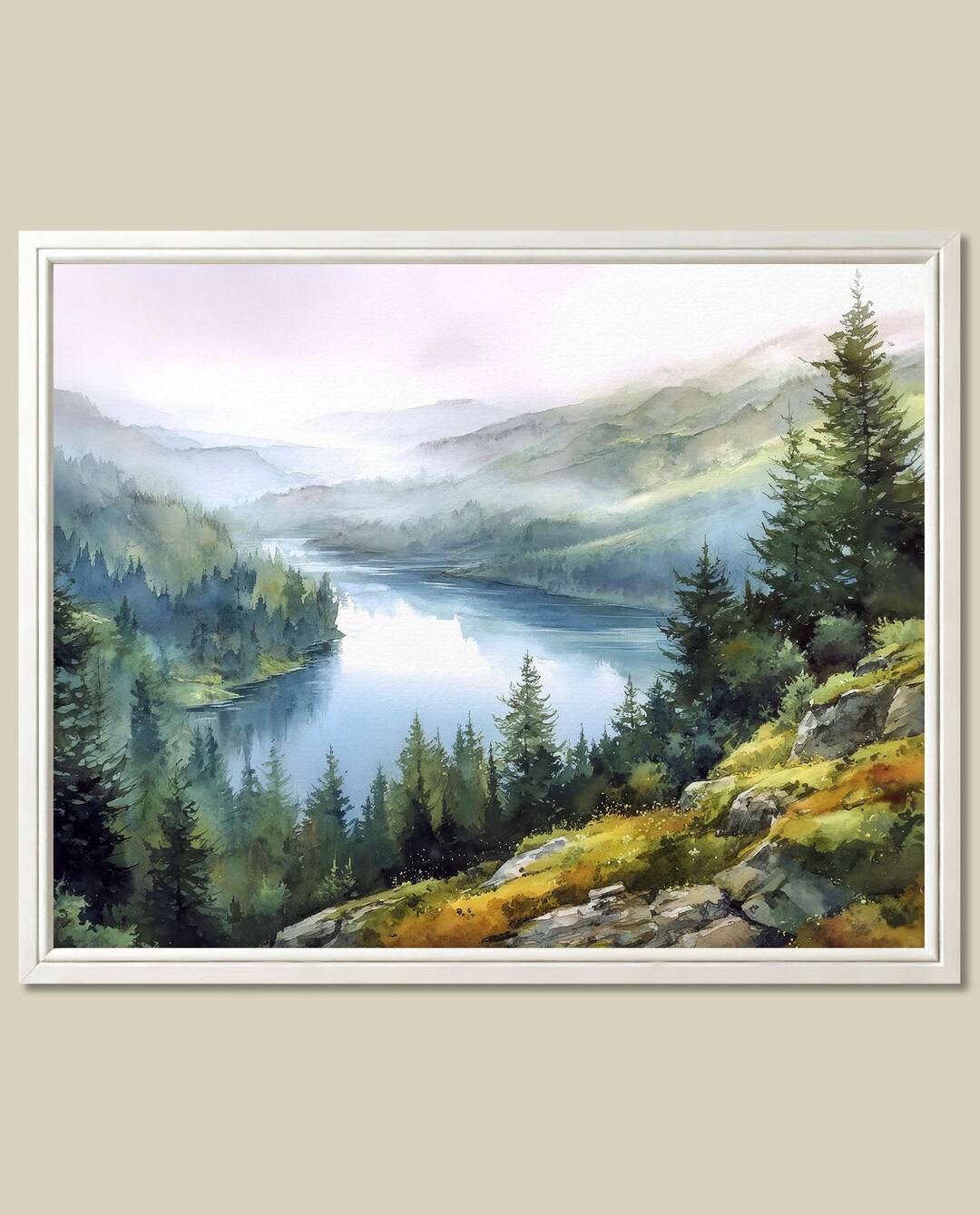 Columbia River Art Print Pine Forest Watercolor Painting Misty Mountain ...