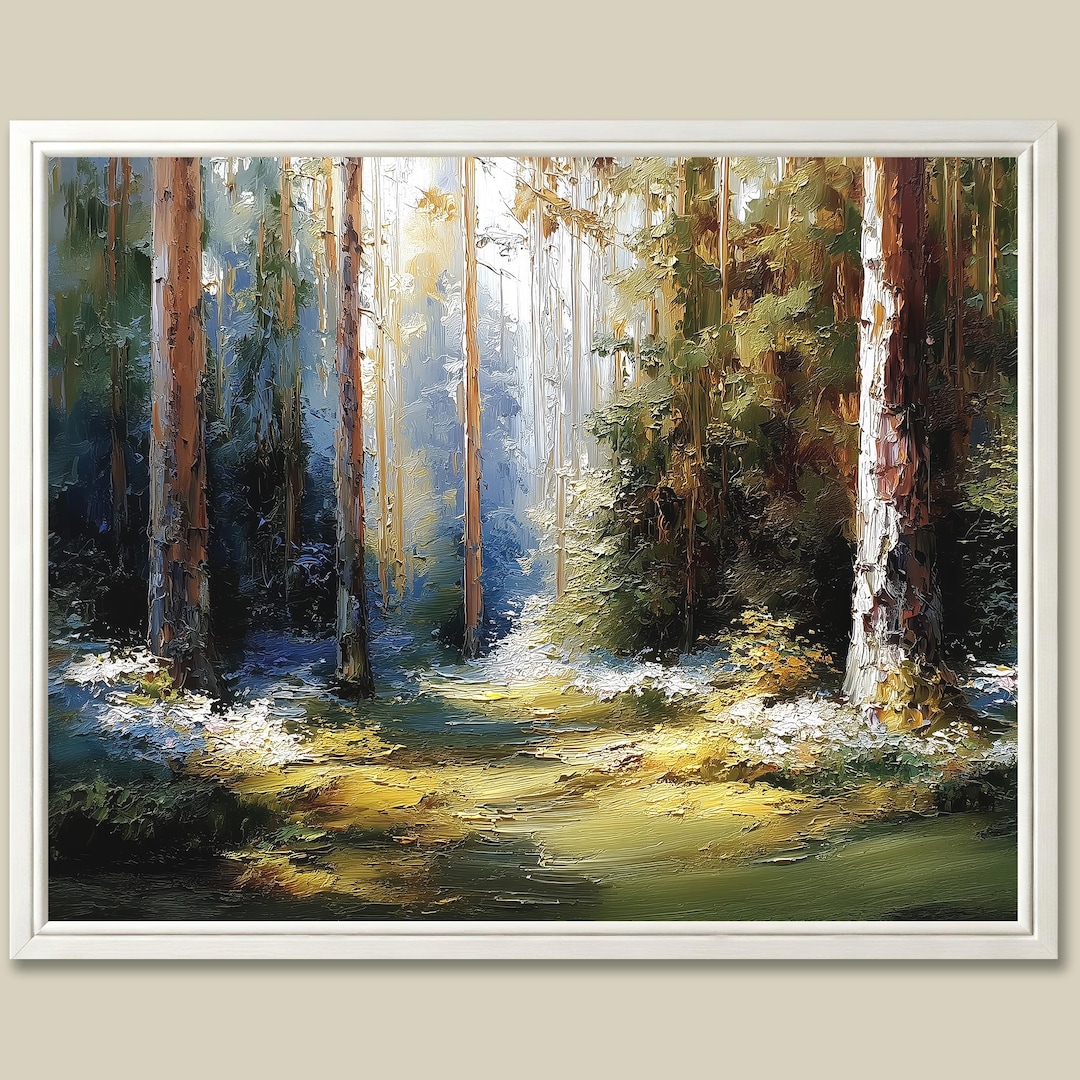 Pine Trees Art Print Oil Painting Sunlit Evergreen Forest Landscape ...