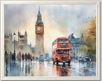 London Cityscape Art Print: Big Ben, Red Bus Watercolor