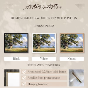May include: Ready-to-hang wooden framed posters with a landscape painting. Available in black, white, and natural frames. The frame set includes an ayous wood 1.9 cm thick frame, acrylite front protectoryous, and hanging hardware.