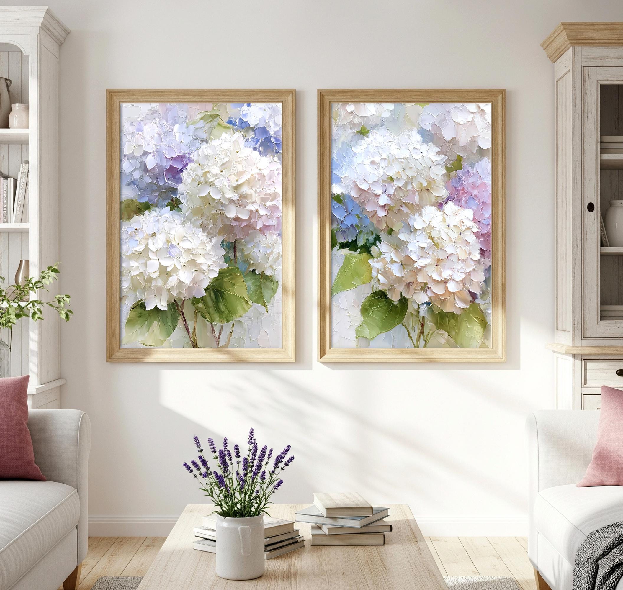 Hydrangea Oil Painting Print Set of 2 Pastel Floral Wall Art Cottage ...