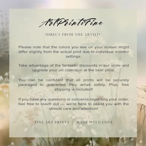 Puede incluir: Una impresi&oacute;n color crema con el texto "ArtPrintiFine" en escritura cursiva. El texto "DIRECT FROM THE ARTIST!" precede a un p&aacute;rrafo sobre variaciones de color y descuentos. La parte inferior de la impresi&oacute;n dice "FINE ART PRINTS | MADE WITH LOVE".